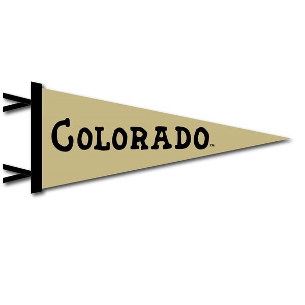 A vegas gold pennant that says "Colorado" in bold, black lettering. Also has black ties for easy display.